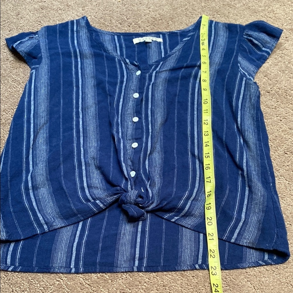 Harper Blue Flutter Sleeve Linen Blend Blouse with Tie Front Spring Summer - Picture 3 of 10